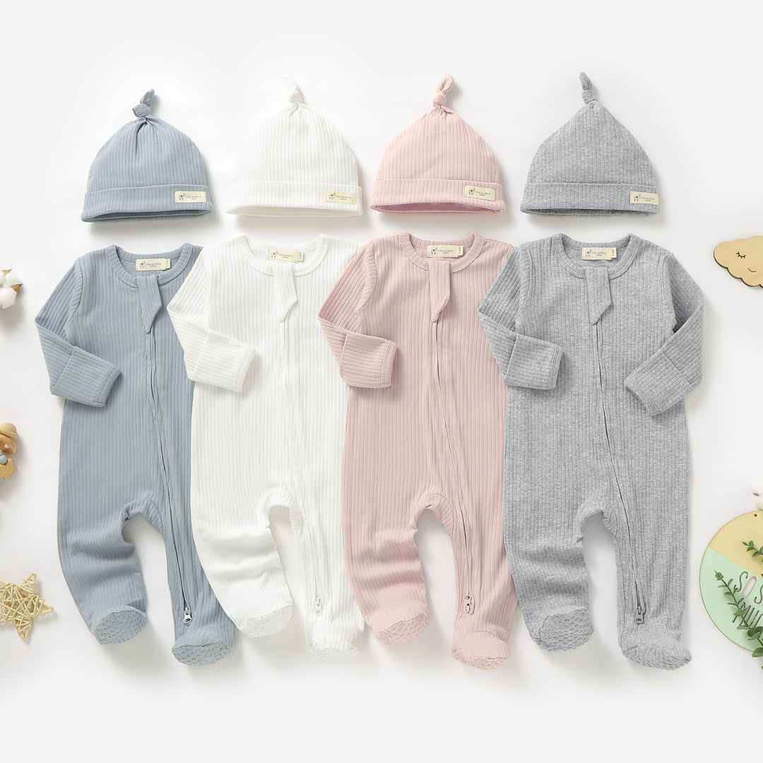 Organic Cotton Ribbed Sleepsuit & Hat Set with Two Way Zipper | 0-24 M - Tiny Alpaca UK