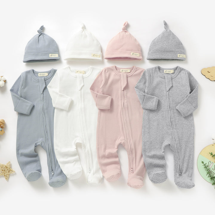 Organic Cotton Ribbed Sleepsuit &amp; Hat Set with Two Way Zipper | 0-24 M - Tiny Alpaca UK