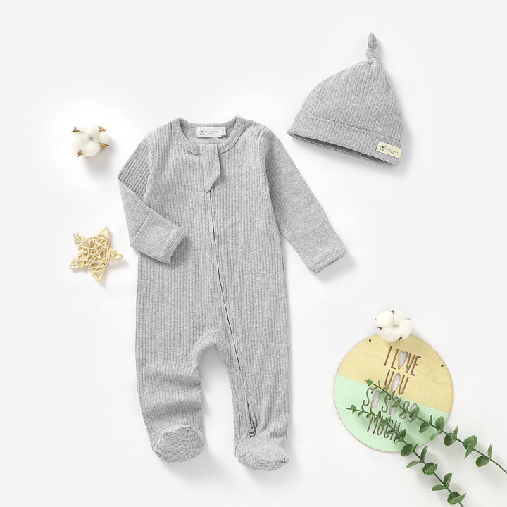 Organic Cotton Ribbed Sleepsuit &amp; Hat Set with Two Way Zipper | 0-24 M - Tiny Alpaca UK