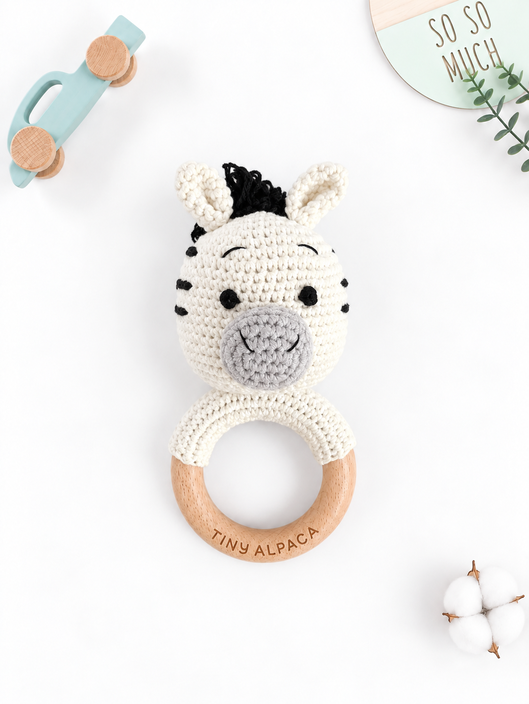 Crochet Rattle Teether in "Zebra"
