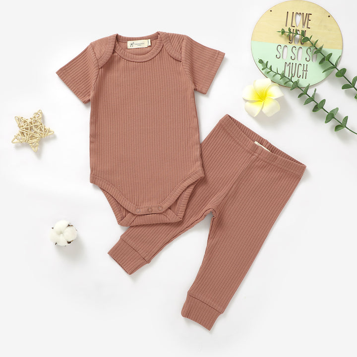 ORGANIC NATURAL COTTON RIBBED BABY SHORT SLEEVE BODYSUIT &amp; BOTTOMS - Tiny Alpaca UK