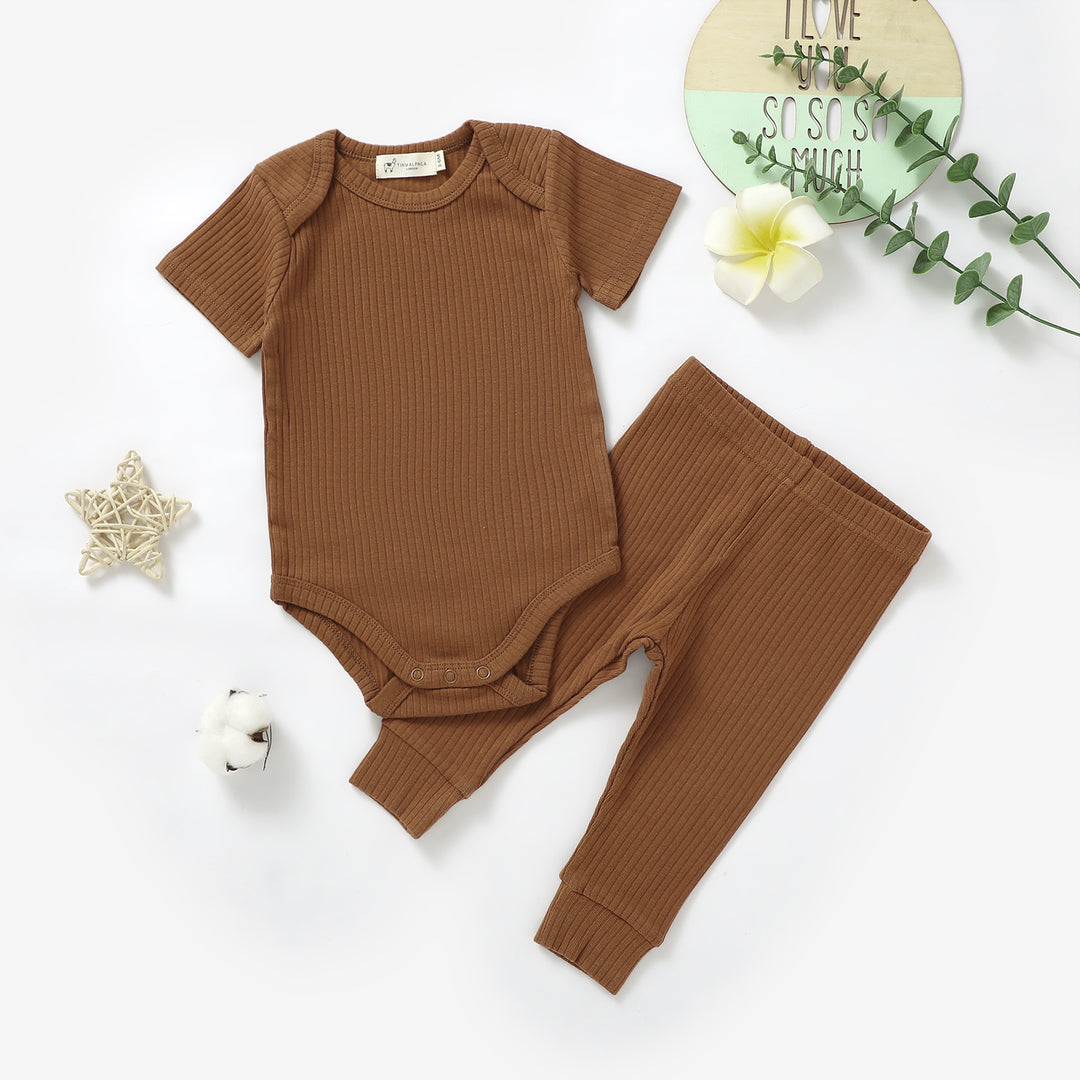 ORGANIC NATURAL COTTON RIBBED BABY SHORT SLEEVE BODYSUIT &amp; BOTTOMS - Tiny Alpaca UK