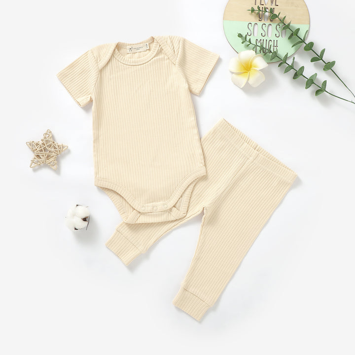 ORGANIC NATURAL COTTON RIBBED BABY SHORT SLEEVE BODYSUIT &amp; BOTTOMS - Tiny Alpaca UK