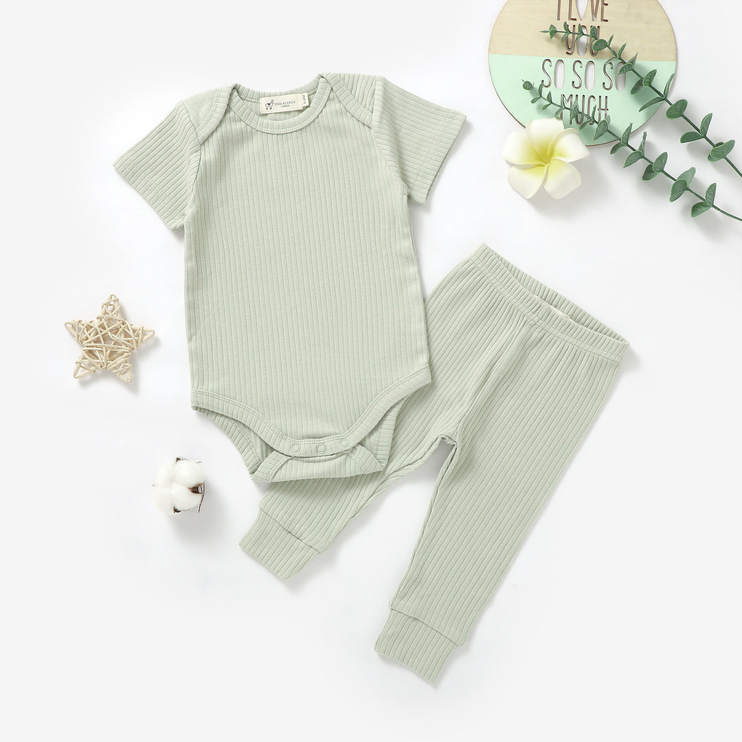 ORGANIC NATURAL COTTON RIBBED BABY SHORT SLEEVE BODYSUIT &amp; BOTTOMS - Tiny Alpaca UK