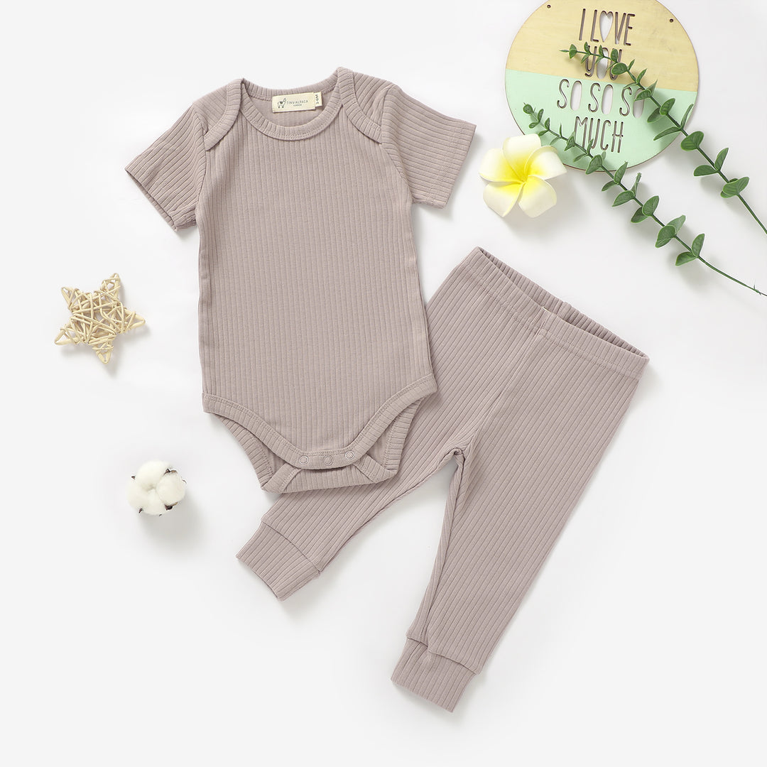 ORGANIC NATURAL COTTON RIBBED BABY SHORT SLEEVE BODYSUIT &amp; BOTTOMS - Tiny Alpaca UK
