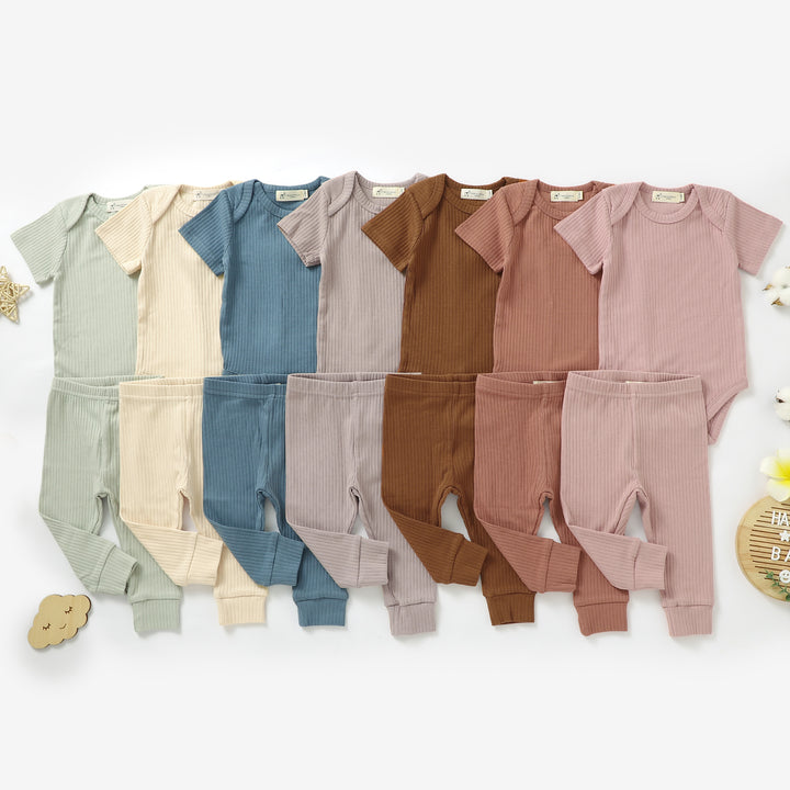 ORGANIC NATURAL COTTON RIBBED BABY SHORT SLEEVE BODYSUIT &amp; BOTTOMS - Tiny Alpaca UK