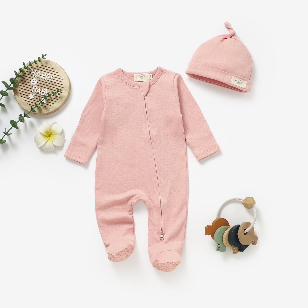 Organic cotton honeycomb mesh sleepsuit and hat set, 0–6m