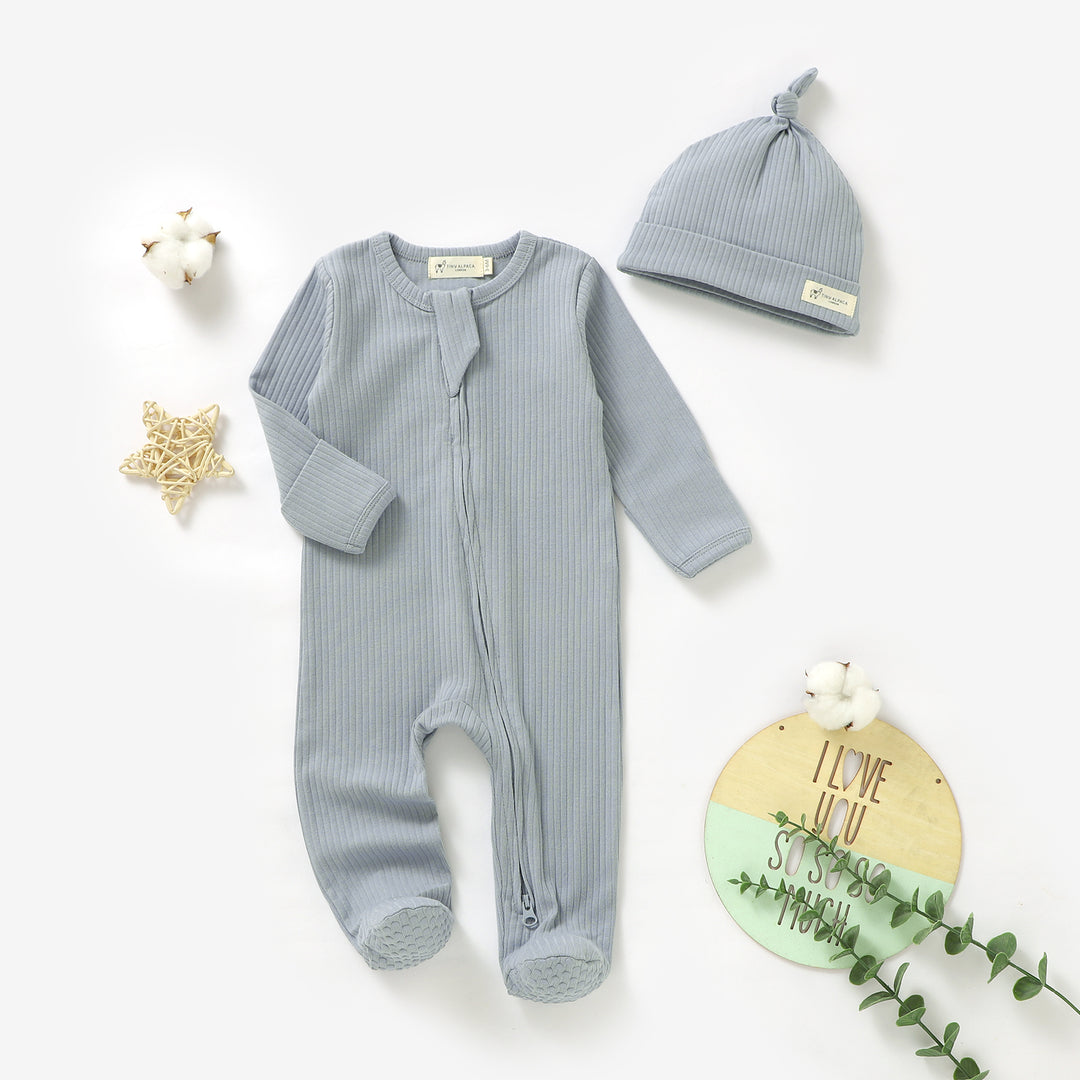 Organic Cotton Ribbed Sleepsuit &amp; Hat Set with Two Way Zipper | 0-24 M - Tiny Alpaca UK