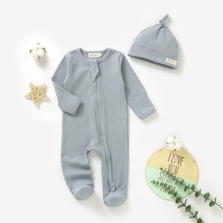 Organic Cotton Ribbed Sleepsuit &amp; Hat Set with Two Way Zipper | 0-24 M - Tiny Alpaca UK