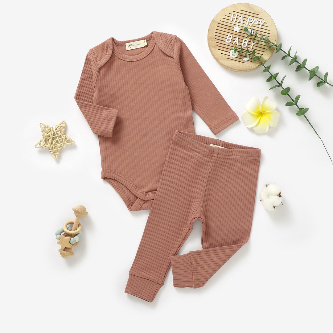 ORGANIC NATURAL COTTON RIBBED BABY LONG SLEEVE BODYSUIT &amp; BOTTOMS - Tiny Alpaca UK