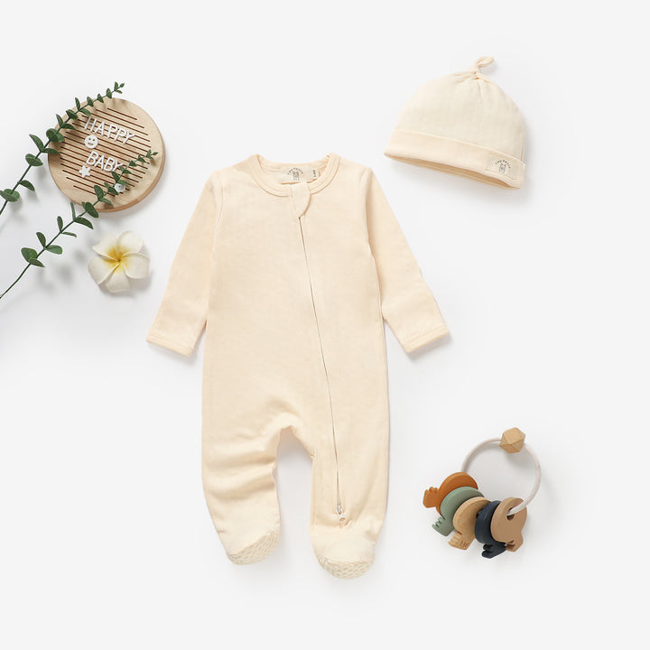 Organic cotton honeycomb mesh sleepsuit and hat set, 0–6m