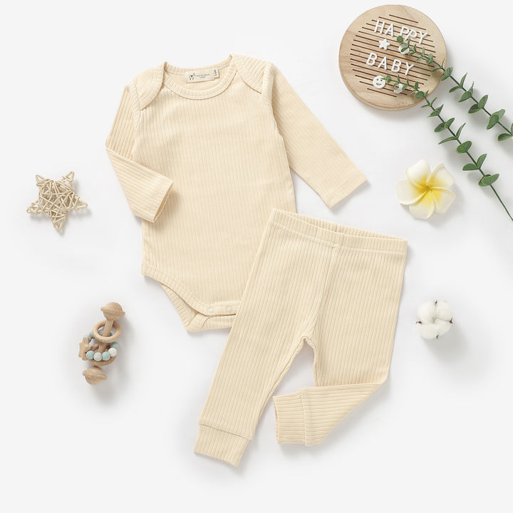 ORGANIC NATURAL COTTON RIBBED BABY LONG SLEEVE BODYSUIT &amp; BOTTOMS - Tiny Alpaca UK