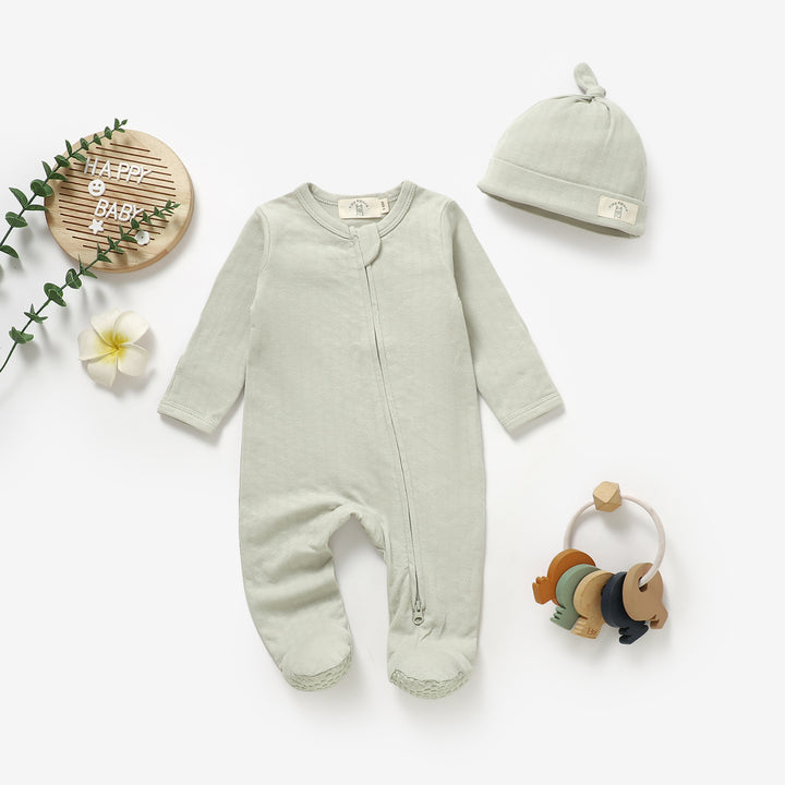 Organic cotton honeycomb mesh sleepsuit and hat set, 0–6m