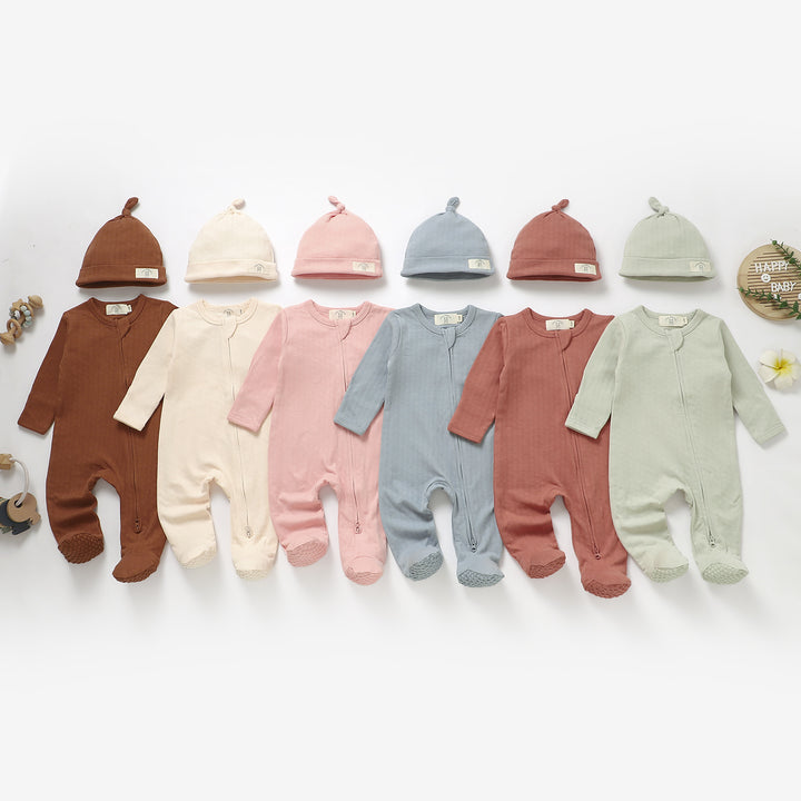 Organic cotton honeycomb mesh sleepsuit and hat set, 0–6m