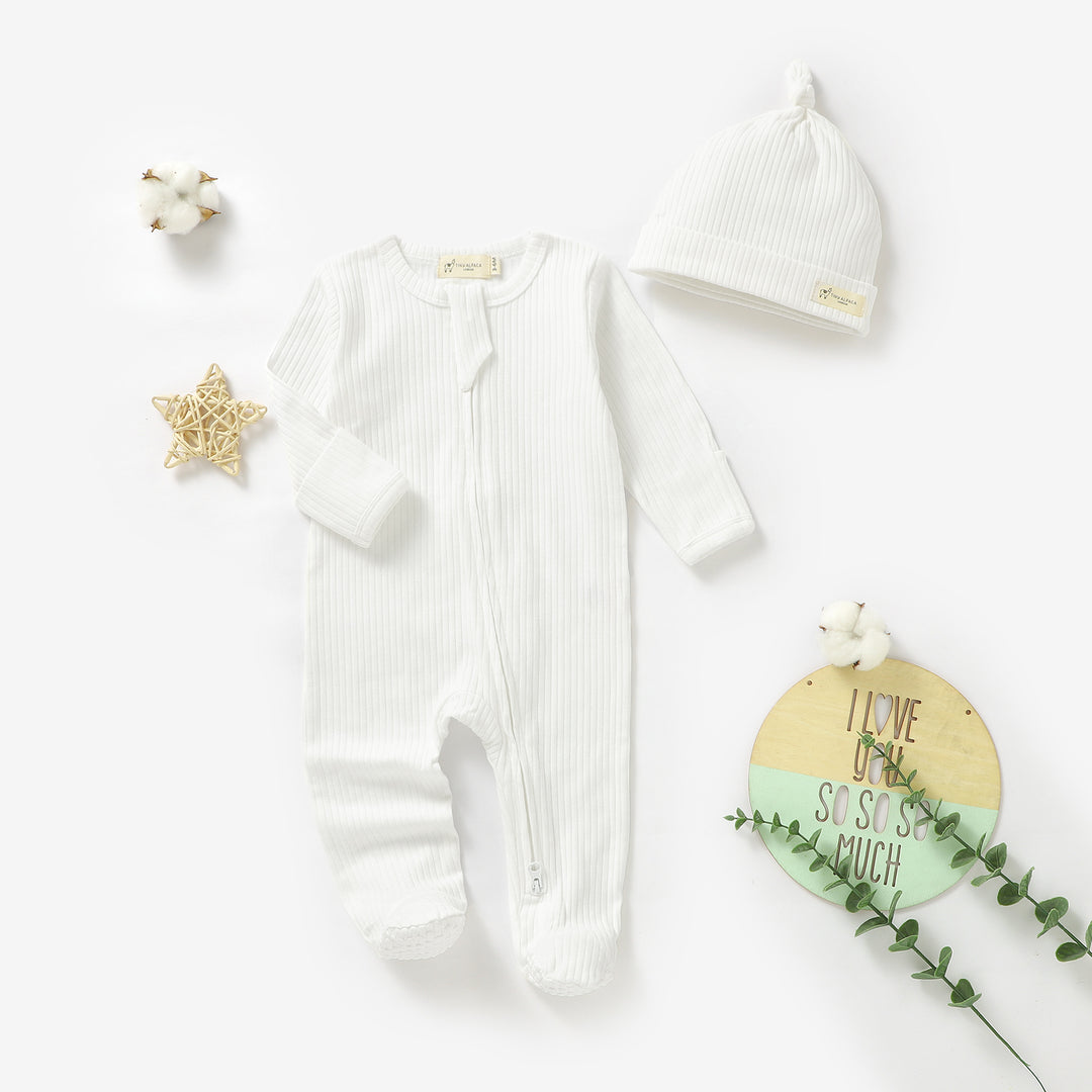 Organic Cotton Ribbed Sleepsuit &amp; Hat Set with Two Way Zipper | 0-24 M - Tiny Alpaca UK