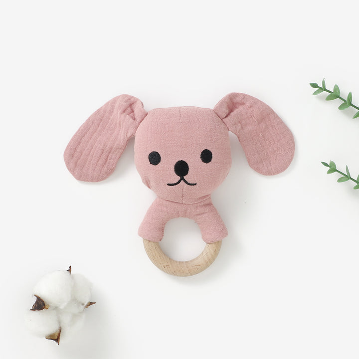 Organic cotton puppy rattle with beech wood teething ring 3m+