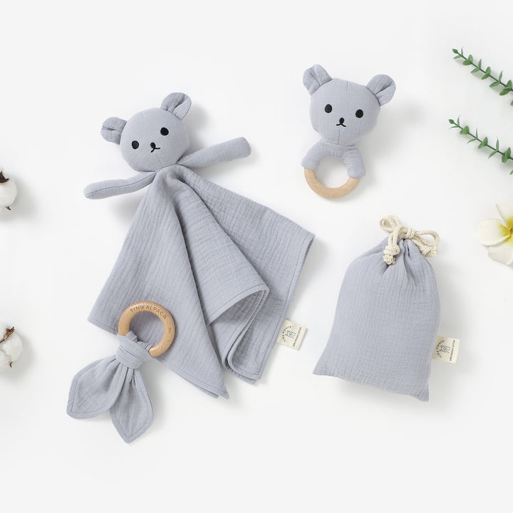 Organic cotton bear comforter and rattle set with teether