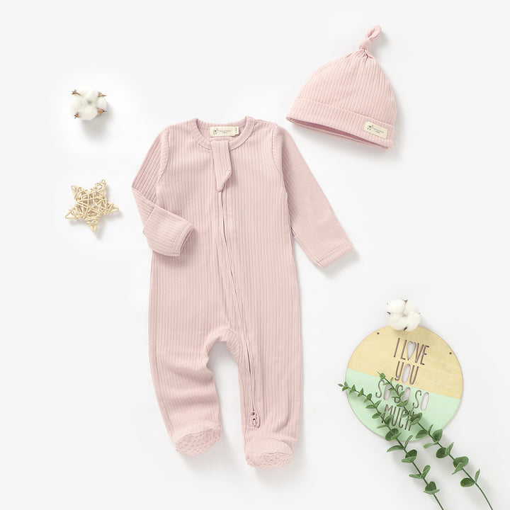 Organic Cotton Ribbed Sleepsuit &amp; Hat Set with Two Way Zipper | 0-24 M - Tiny Alpaca UK
