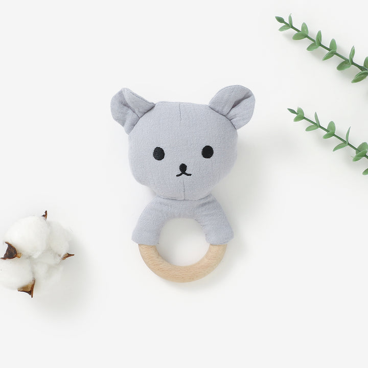 Organic cotton bear rattle with beech wood teething ring 3m+
