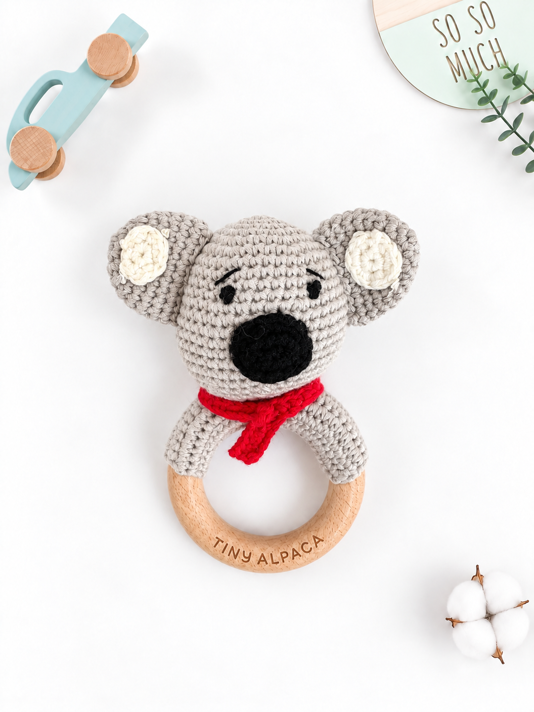 Crochet Rattle Teether in "Grey Koala"