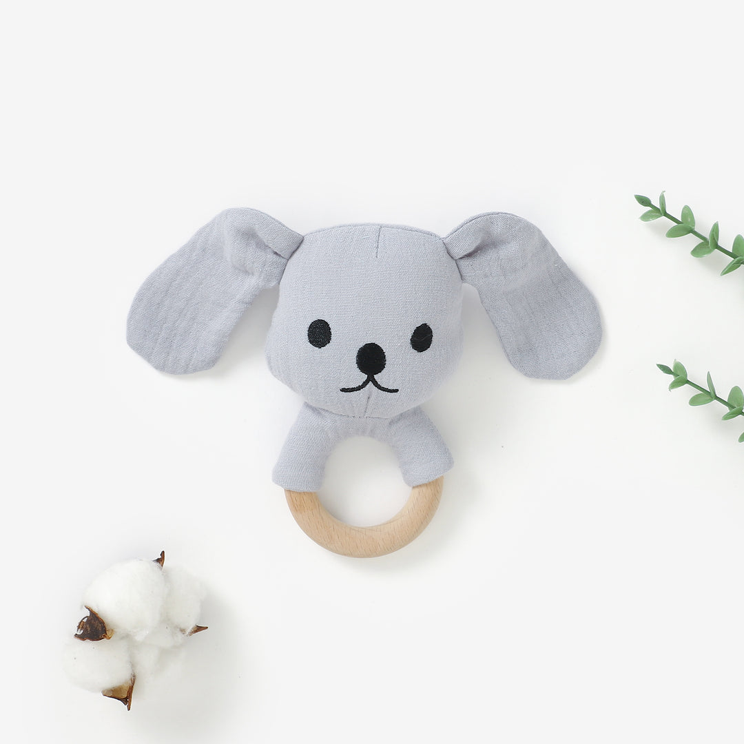 Organic cotton puppy rattle with beech wood teething ring 3m+
