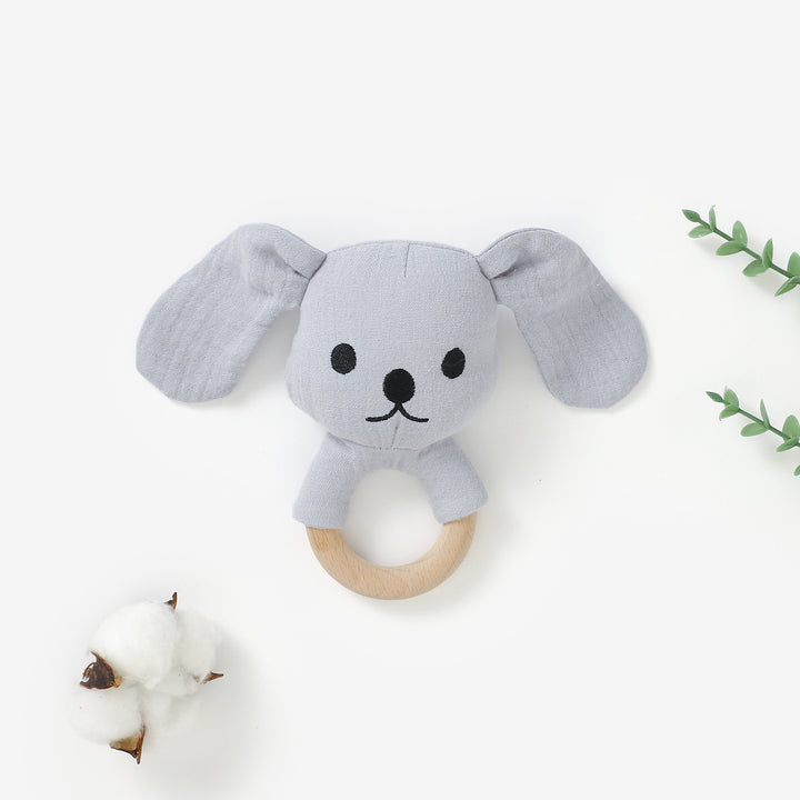 Organic cotton puppy rattle with beech wood teething ring 3m+