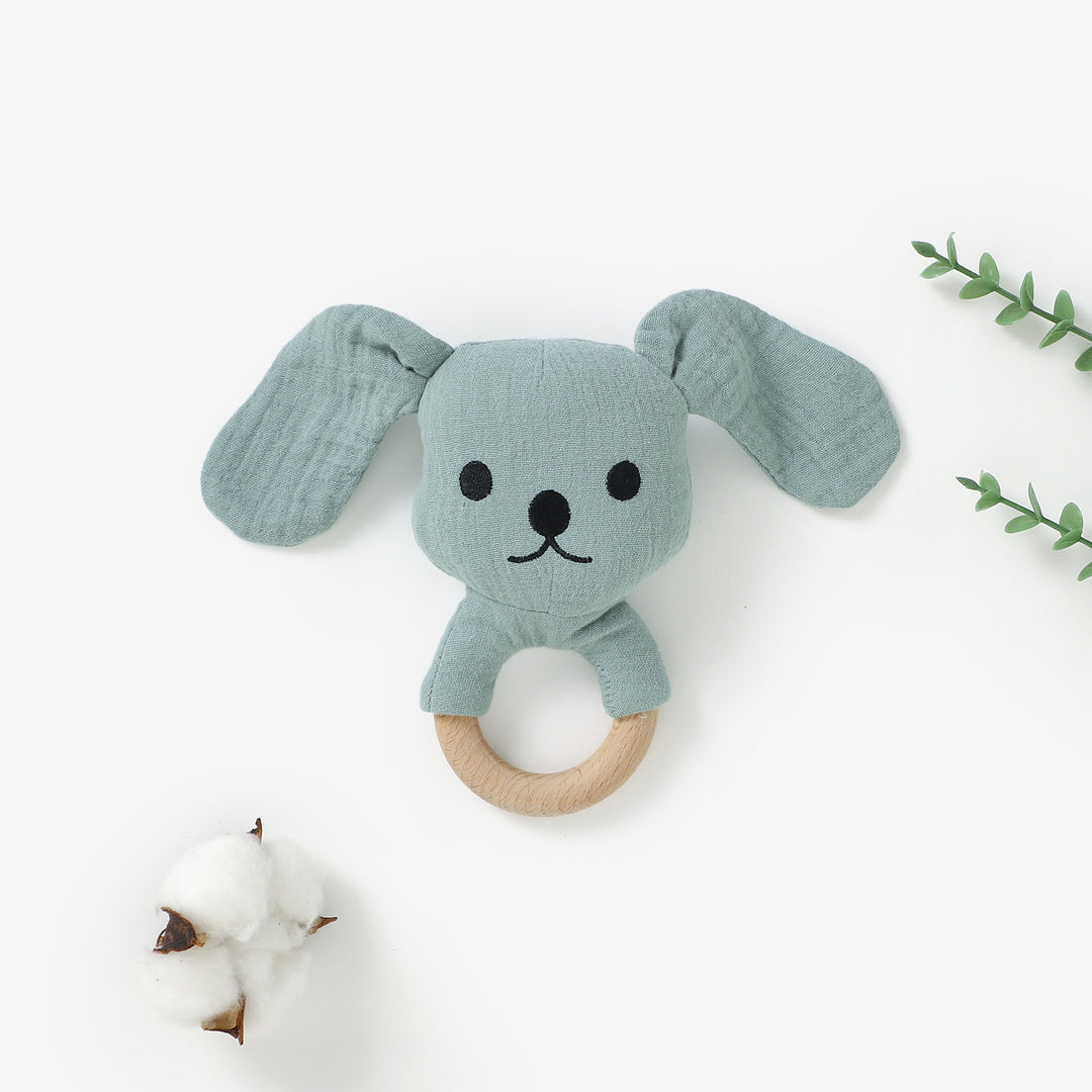 Organic cotton puppy rattle with beech wood teething ring 3m+