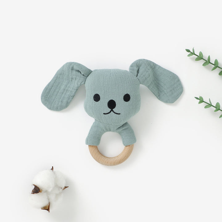 Organic cotton puppy rattle with beech wood teething ring 3m+