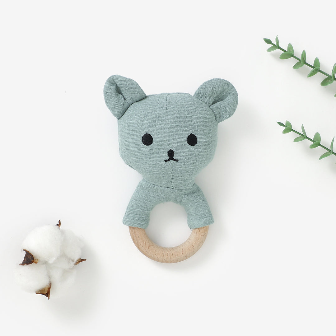 Organic cotton bear rattle with beech wood teething ring 3m+