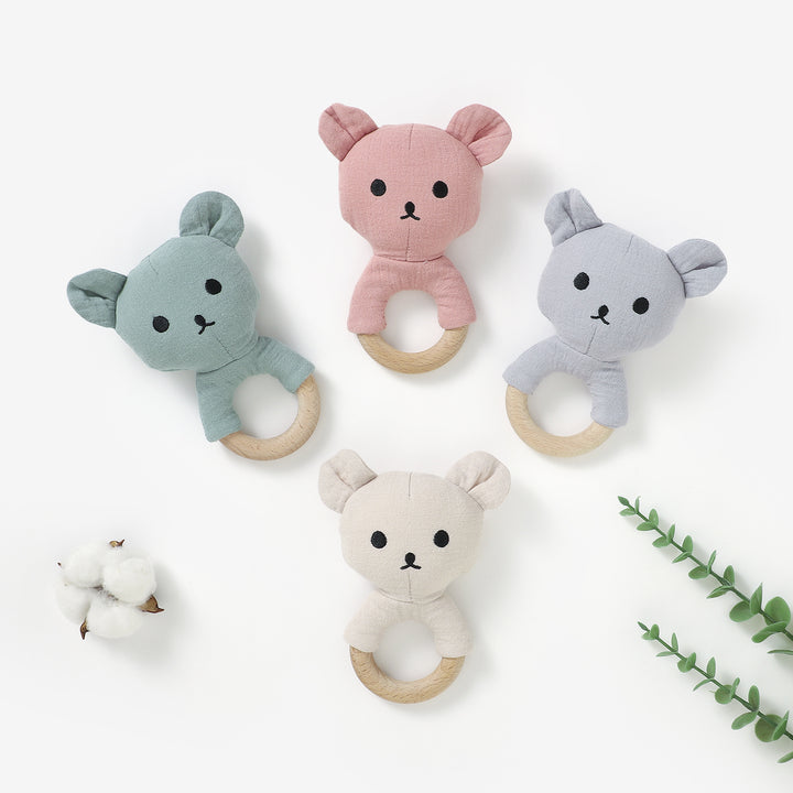 Organic cotton bear rattle with beech wood teething ring 3m+