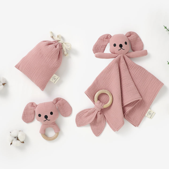 Organic cotton puppy comforter and rattle set with teether 6m+