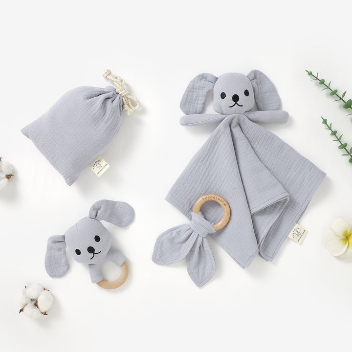 Organic cotton puppy comforter and rattle set with teether 6m+