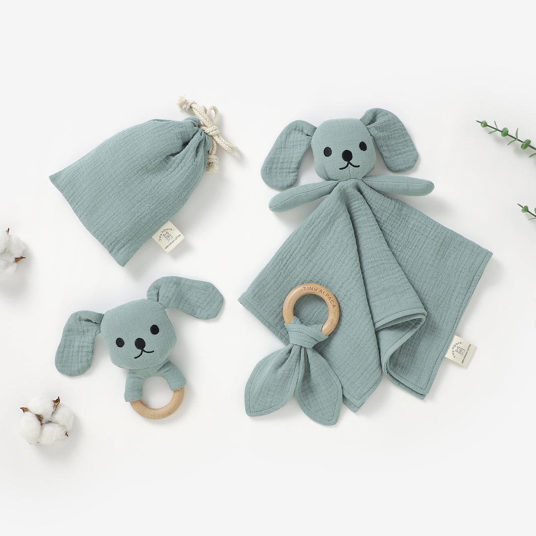 Organic cotton puppy comforter and rattle set with teether 6m+