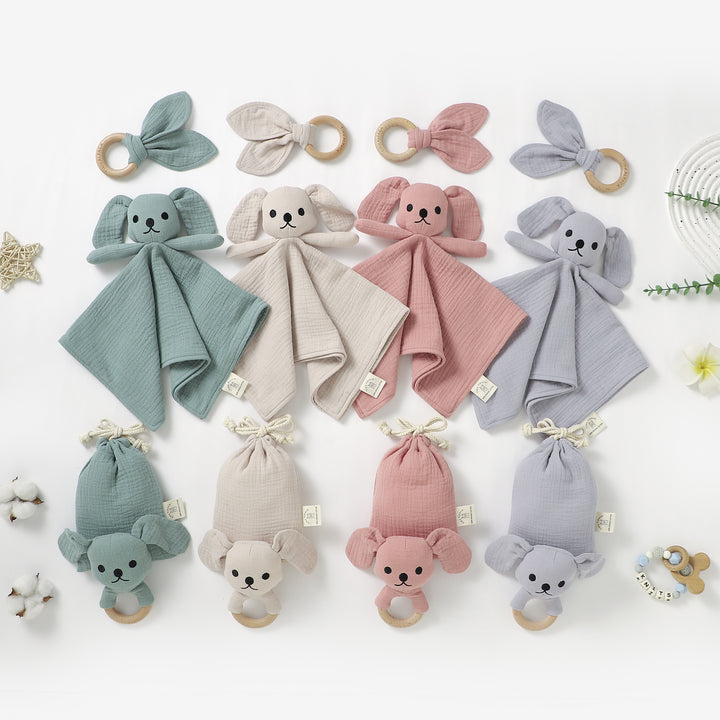 Organic cotton puppy comforter and rattle set with teether 6m+