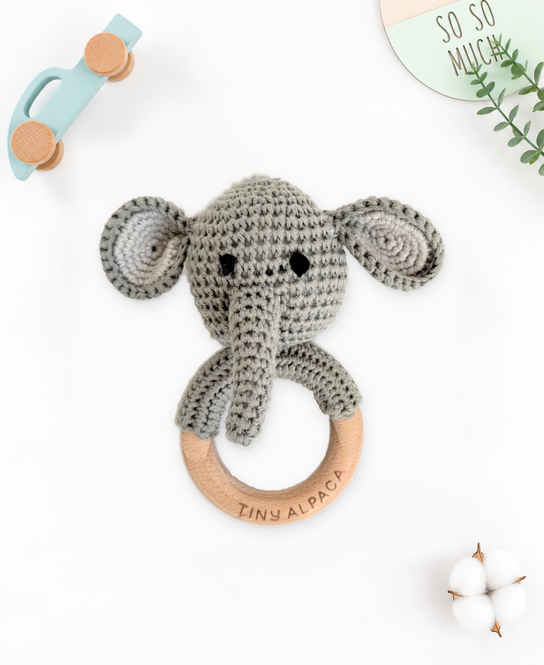 Crochet Rattle Teether in "Dark Grey Elephant"