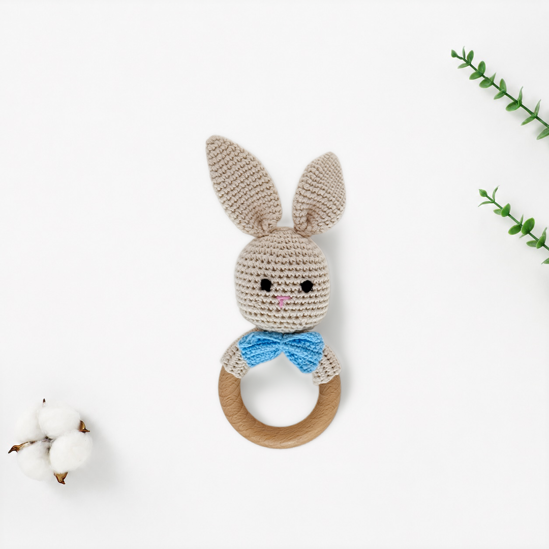 Crochet animal rattle teether with beech wood ring, bunny or deer