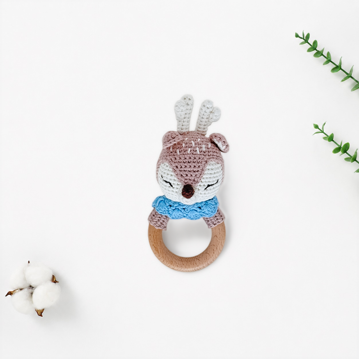 Crochet animal rattle teether with beech wood ring, bunny or deer
