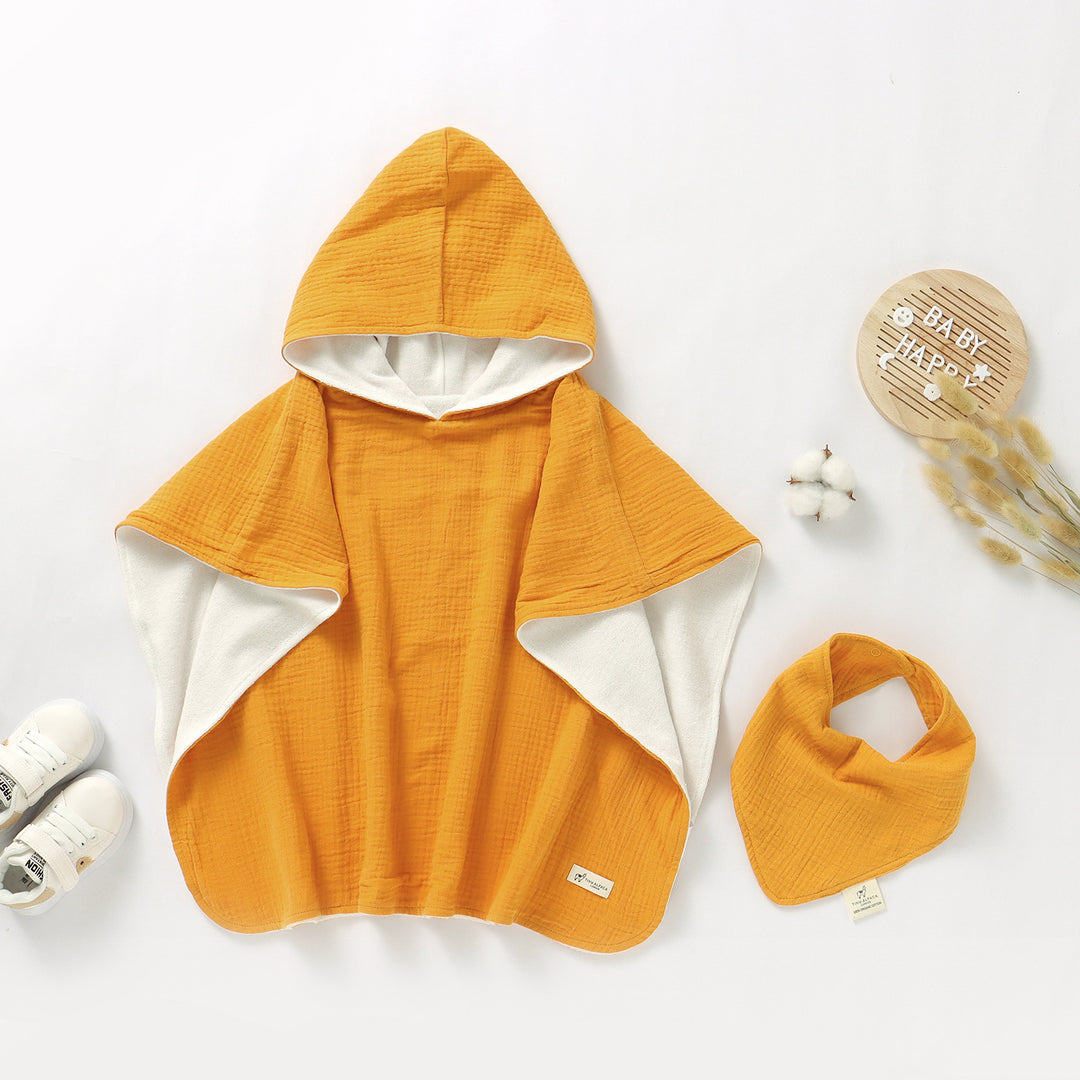 TINY ALPACA ORGANIC COTTON BABY PONCHO & BIB SET TURMERIC - Tiny Alpaca UK