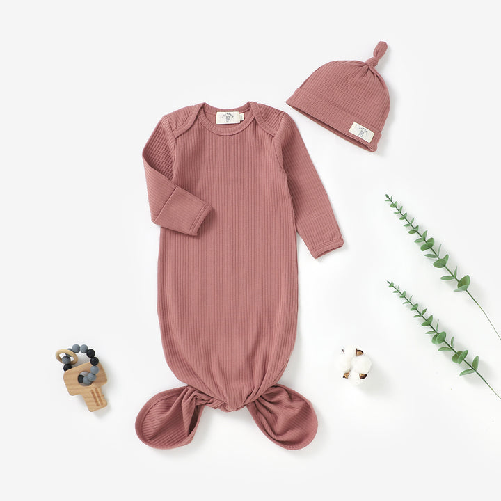 Organic Cotton Ribbed Baby Gown &amp; Hat