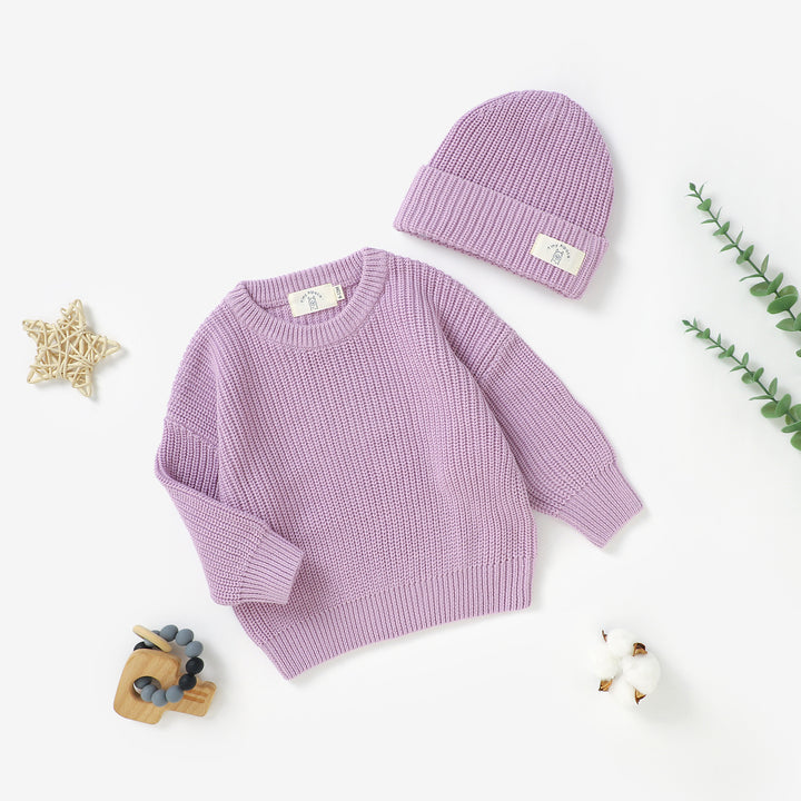 Organic cotton knitted sweater and beanie hat set, 0–3y