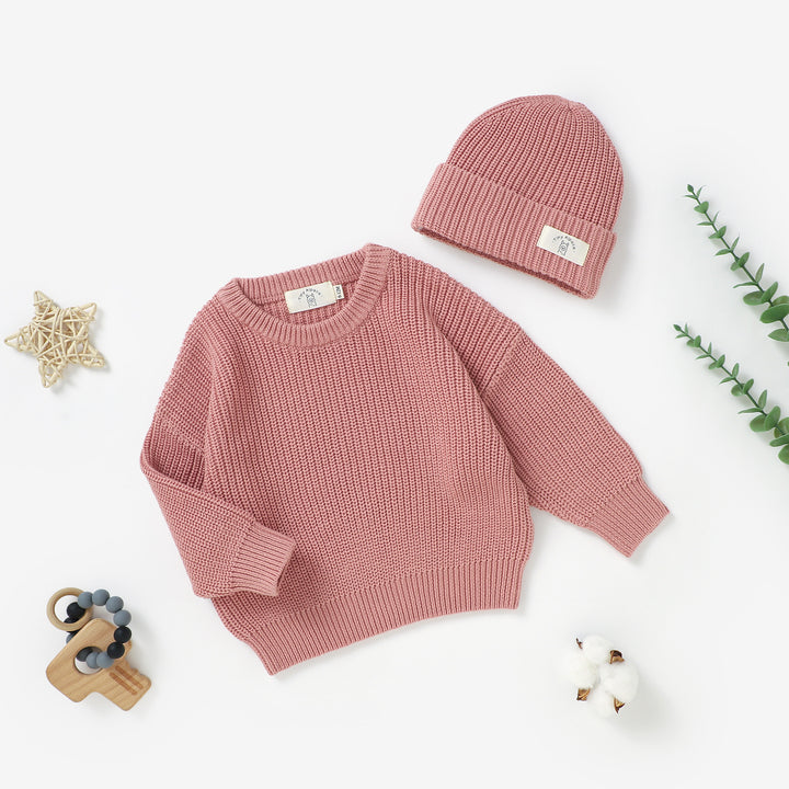 Organic cotton knitted sweater and beanie hat set, 0–3y