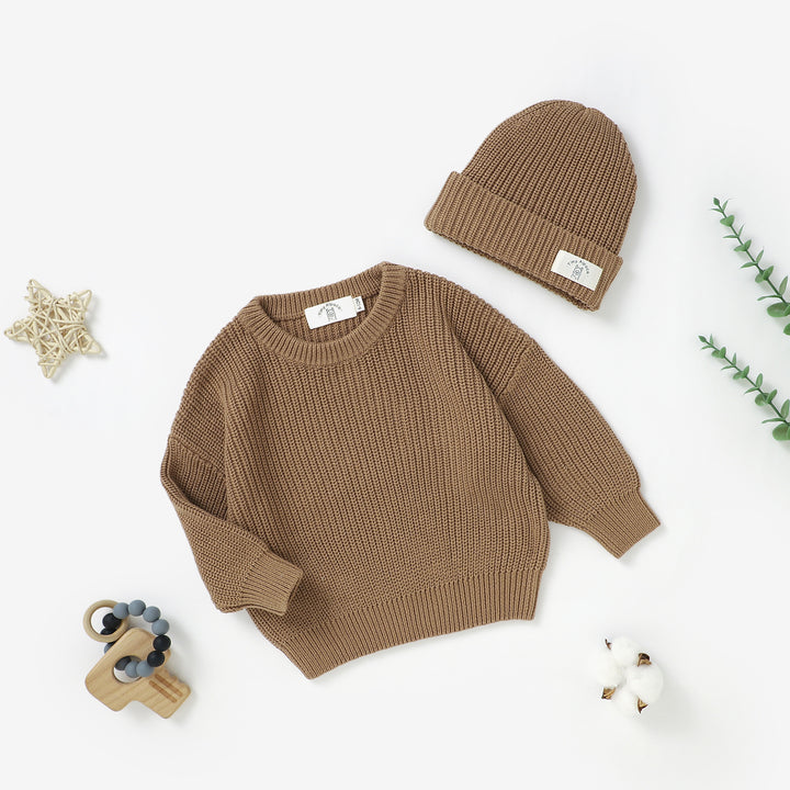 Organic cotton knitted sweater and beanie hat set, 0–3y