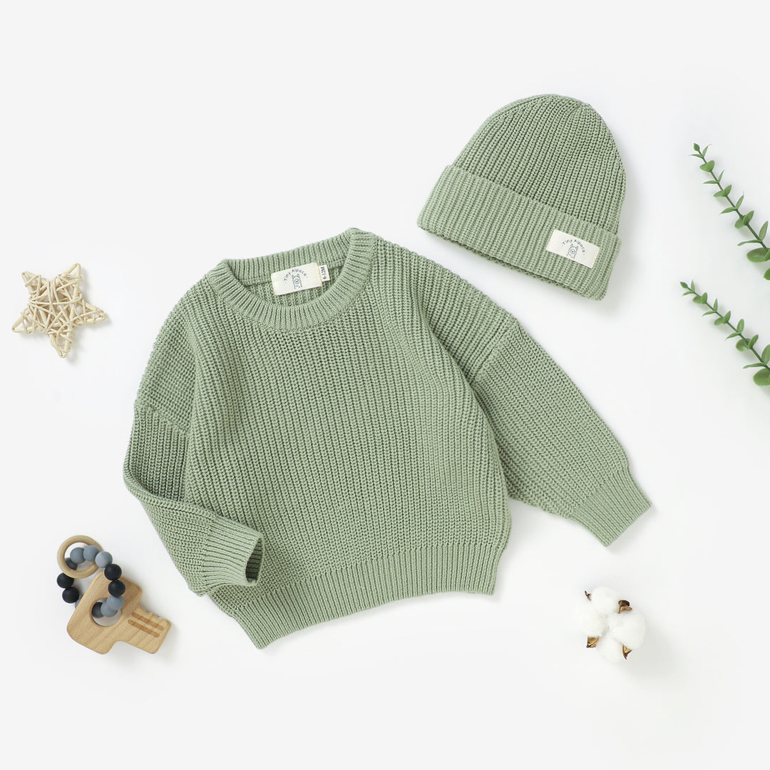 Organic cotton knitted sweater and beanie hat set, 0–3y