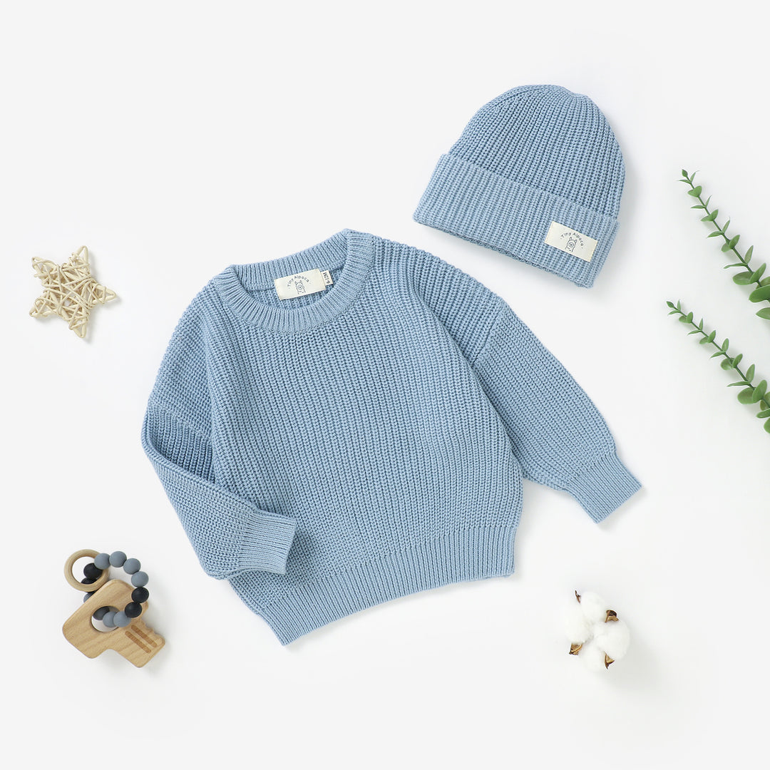 Organic cotton knitted sweater and beanie hat set, 0–3y