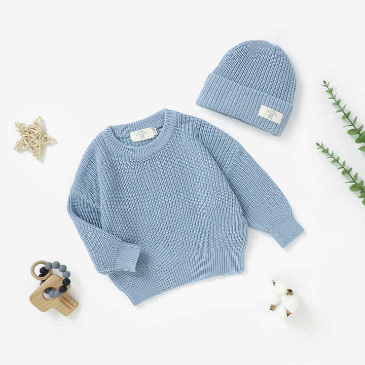 Organic cotton knitted sweater and beanie hat set, 0–3y