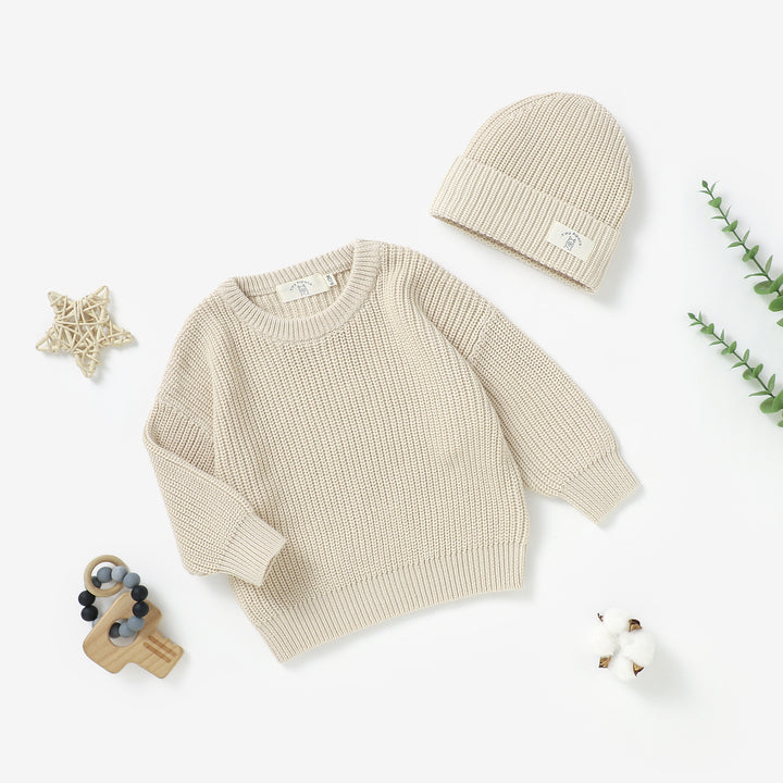 Organic cotton knitted sweater and beanie hat set, 0–3y