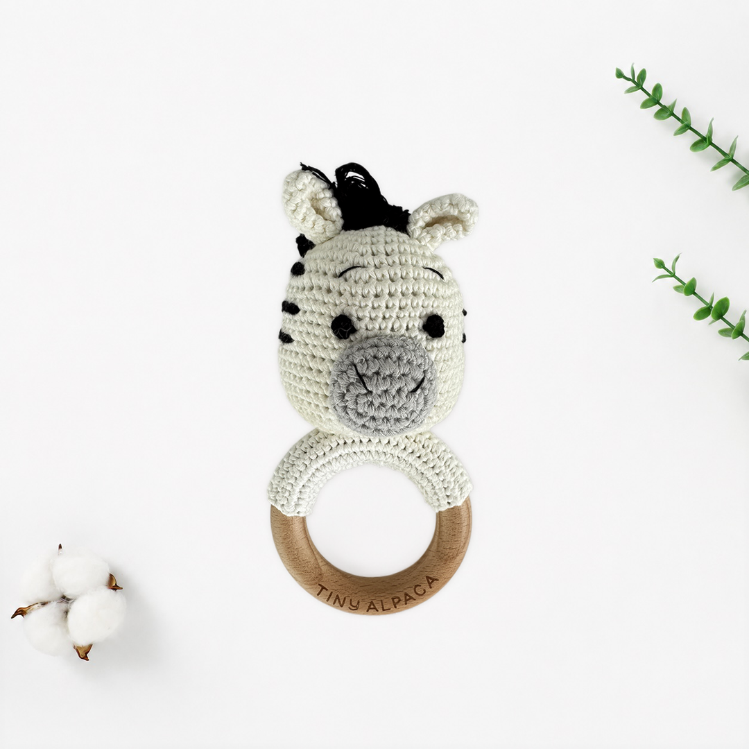 Crochet animal rattle teether with beech wood ring
