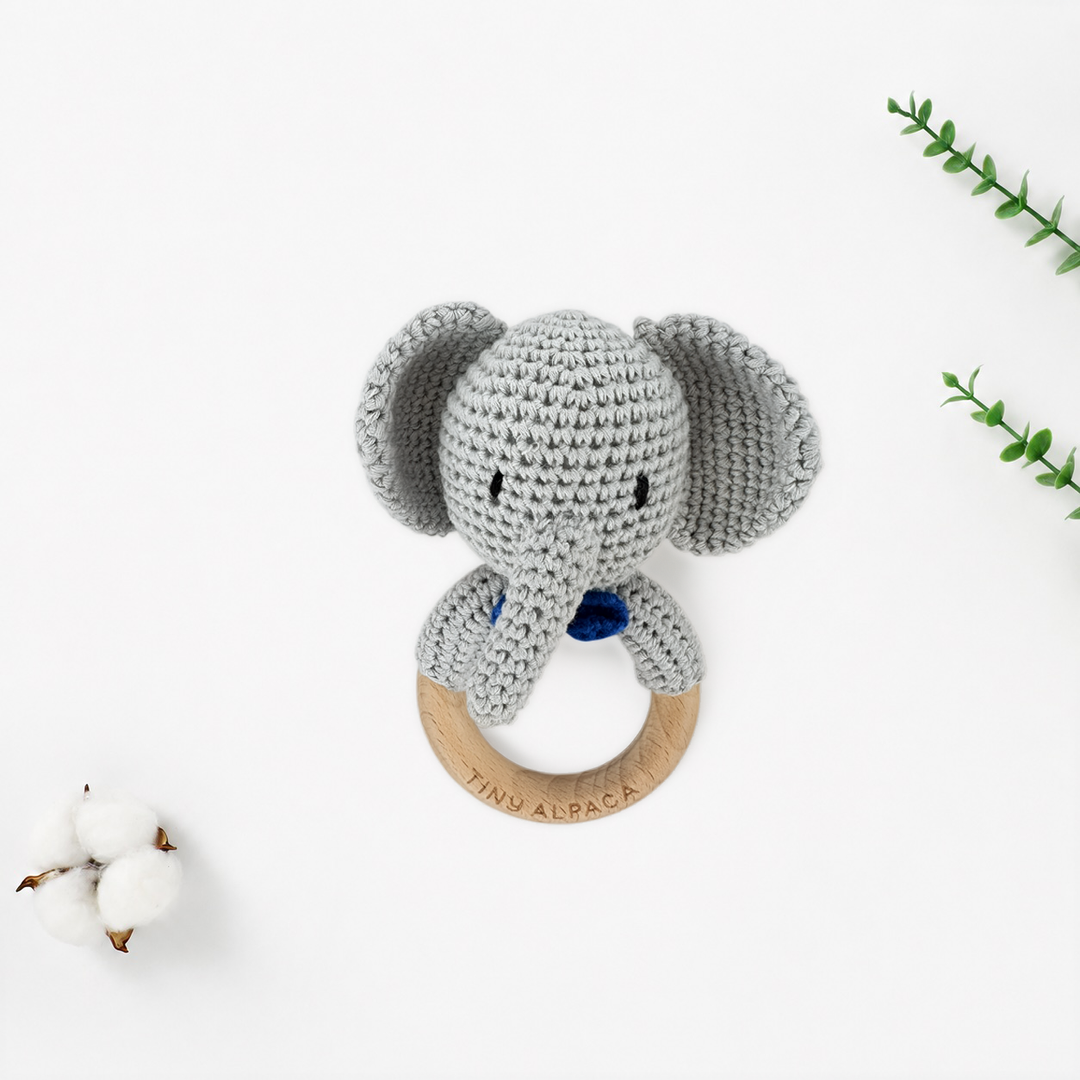 Crochet elephant rattle teether with beech wood ring