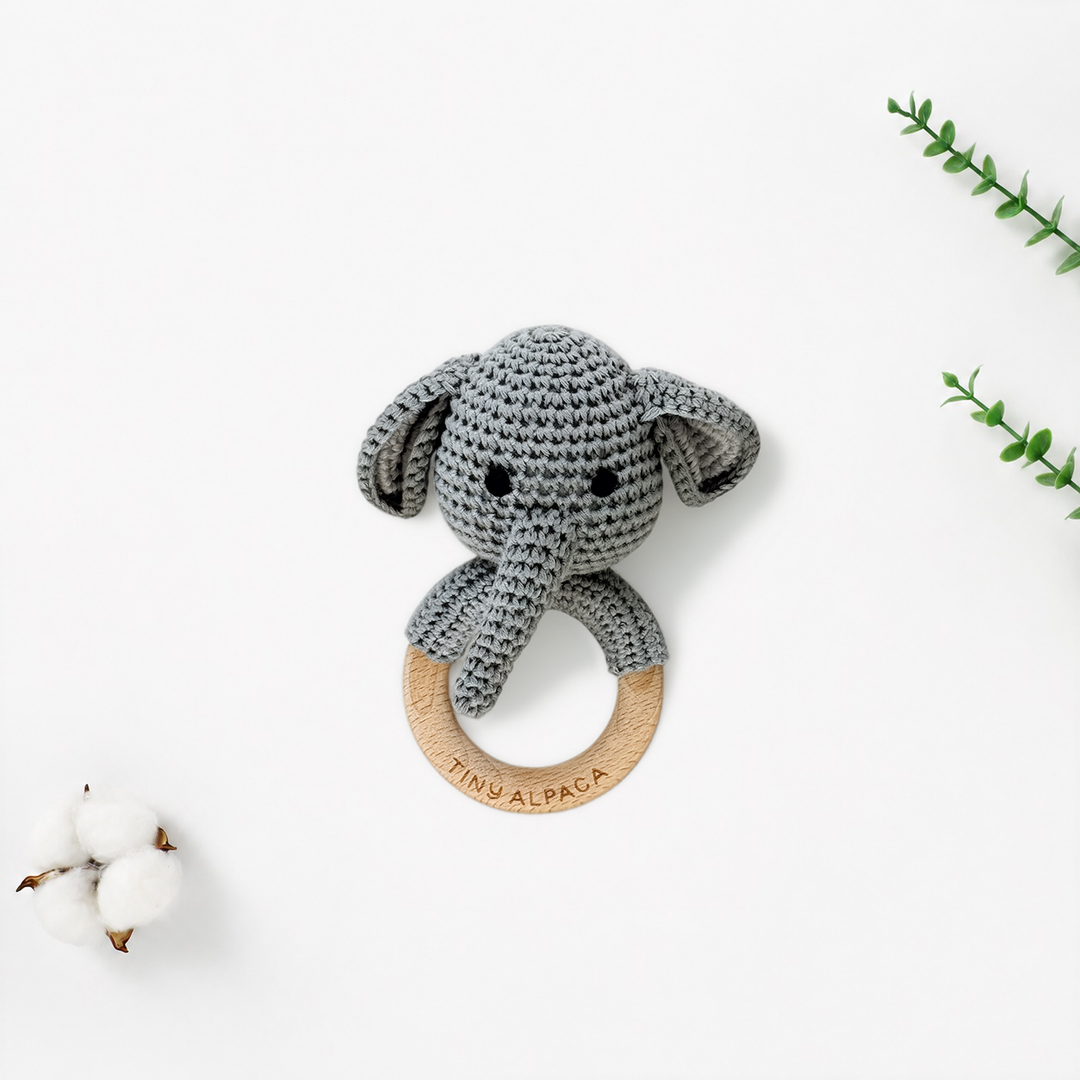Crochet elephant rattle teether with beech wood ring