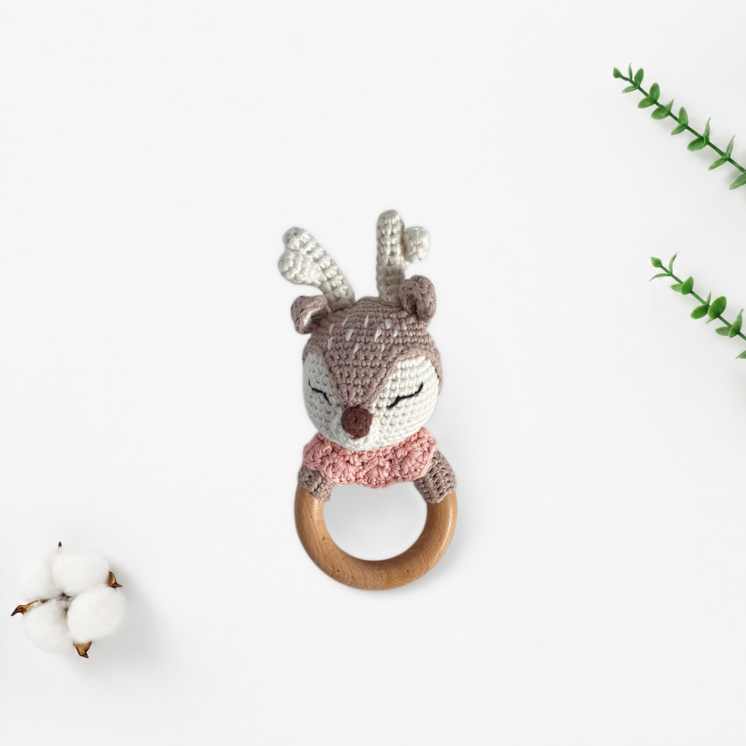 Crochet animal rattle teether with beech wood ring, bunny or deer